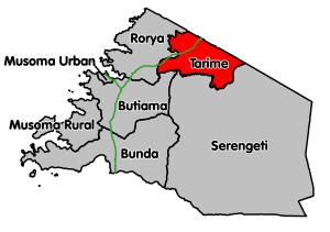 Tarime District's location within Mara Region. Paved trunk roads in green.