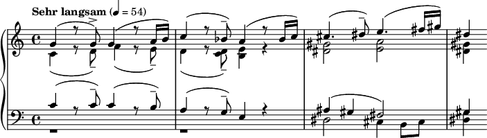 { \new PianoStaff << \new Staff = "RH" \relative c' { \clef treble \time 4/4 \tempo "Sehr langsam" 4 = 54 << { g'( r8 g->) g4( r8 a16 b) c4( r8 bes--) a4( r8 bes16( c)) cis4.( dis8--) e4.( fis16( gis)) dis4 } \\ { c,4( r8 d--) f4( r8 e--) d4( r8 <d c>8--) <e b>4 r <gis dis>2 <a e> <gis dis>4 } >> } \new Staff = "LH" \relative c' { \clef bass \time 4/4 << { c( r8 c--) c4( r8 b--) a4( r8 g--) e4 r ais( gis fis2) gis4 } \\ { r1 r dis2 cis4 b8 cis <dis gis>4 } >> } >> }
