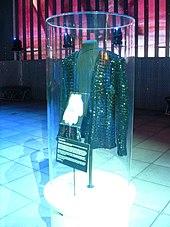 A sparkly jacket and gloves, displayed inside a transparent vertical tube.
