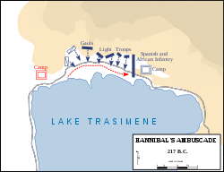 A map of the north shore of Lake Trasimene showing the disposition of the Carthaginian troops