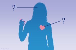 A silhouette drawing of a young autistic woman holding a fidget toy. Her heart and head are marked with question marks.