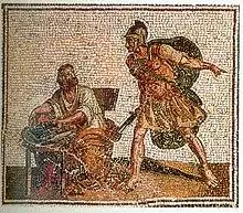 a colourful mosaic of a sword-armed soldier gesturing to a seated man in ancient-style robes