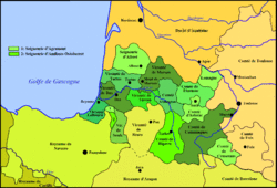 The duchy of Gascony / Vasconia (green) in 1150