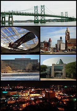 Clockwise from top: Interstate 74 Bridge, Downtown Moline, TaxSlayer Center, the city at night, John Deere World Headquarters, a Velie Monocoupe in Quad City International Airport