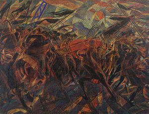Abstract-representations of humans and horses baring black banners. A red casket is carried at the center beneath a shining sun.