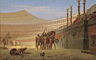 Somewhat stylized view from within a Roman arena; a group of around seven gladiators are picked out by the sunlight saluting the Emperor, their weapons and shields held aloft. The stalls for the immense audience stretch into the distance. On the ground a small number of the dead from previous combats lie where they fell in the sand.