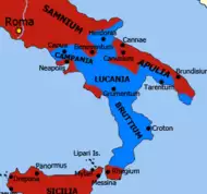 a map of southern peninsular Italy showing the maximum extent of Carthaginian control