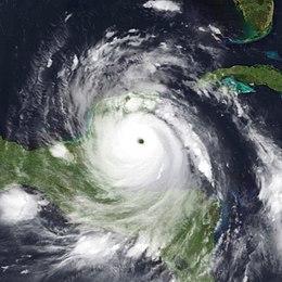 A view of Hurricane Dean from Space on August 20, 2007. Dean is a mature and well-developed hurricane, with a pronounced eye and well-defined banding features. The storm is located south of Cuba and east of the Yucatan Peninsula.