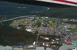 Aerial view showing the townsite, the harbor, the lower Mineral Creek valley and Blueberry Hill