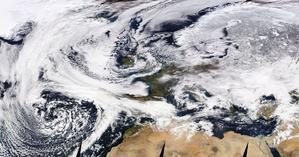 Satellite view showing the interaction of Cyclone Emma nearing from the Southwest and Anticyclone Hartmut covering Europe from the Northeast on 27 February