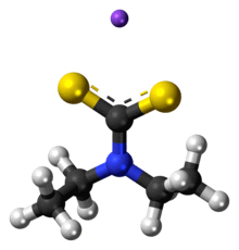 Ball-and-stick model of the component ions of sodium diethyldithiocarbamate