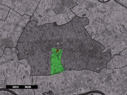 The town centre (red) and the statistical district (light green) of Enspijk in the former municipality of Geldermalsen.
