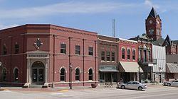 The Plattsmouth Main Street Historic District is listed in the National Register of Historic Places.[1] At upper right is the clock tower of the Cass County Courthouse.