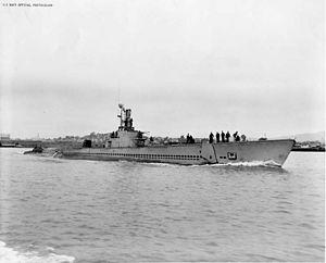 Sunfish (SS-281) is shown in the Mare Island Channel in 1945.
