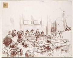 Sketch of an overview of the courtroom that includes the judges bench and the defense table. 24.jpg