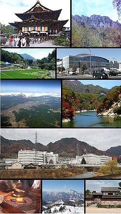 From top of left, Zenkoji, Mount Togakushi, Kinasa village, Nagano Big Hat arena, Airial in Kawanakajima, Oku-Subana Valley, headquarters of Marukome (famous miso manufacturing company) in Nagano, Oyaki Japanese sweets, Togakushi ski resort, and Matsushiro Castle