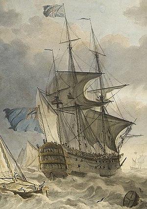H.M. 'Ocean', 2nd Rate. Union at the Main off Gibraltar with tenders RMG PY4312 (cropped).jpg