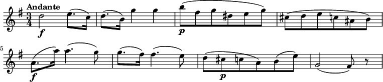  \relative c' { \version "2.18.2" \key g \major \time 3/4 \tempo "Andante" \tempo 4 = 60 d'2\f e8. (c16) d8. (b16) g'4 g b8\p (fis g dis e g) cis,8 (d e c ais b) a8.\f (a'16) a4. (g8) g8. (fis16) fis4. (e8) d (cis\p c a) b (e) g,2 (fis8) r8 } 