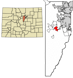 Location of the Indian Hills CDP in Jefferson County, Colorado.