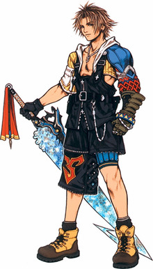 An illustration of a fictional character. He is a blond teenager wearing a uniform consisting of black gloves, black pants and yellow shoes, as well as a right yellow shoulder and a blue one on the left. He also wields a light blue long sword with his right hand.