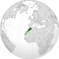 Location of Morocco in northwest Africa. Dark green: Undisputed territory of Morocco. Lighter green: Western Sahara, a territory claimed and occupied mostly by Morocco as its Southern Provinces[note 1]