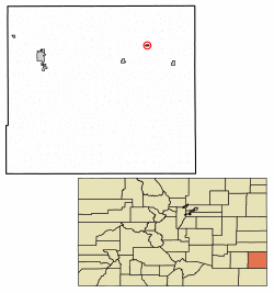 Location of Hartman in Prowers County, Colorado.