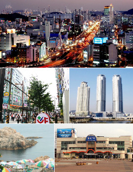 Top: View of downtown Yaeum-dong area Middle: Samsan-dong downtown area (left), Iaan Expodium Tower (right) Bottom: Ganjeolgot (left), Taehwagang Train Station (right)