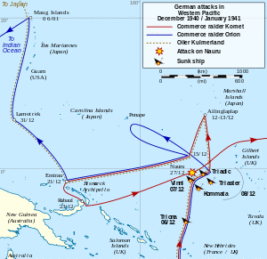 Map of the South Pacific showing the routes taken by the German ships and locations where Allied ships were sunk as described in the article