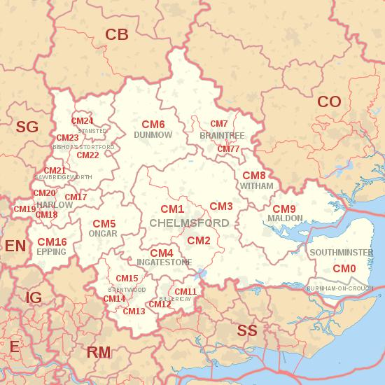CM postcode area map, showing postcode districts, post towns and neighbouring postcode areas.