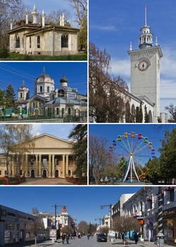 Clockwise: The railway station, Salgirka park, Trinity Cathedral, the State Medical University, Kebir-Jami, Karl Marx street