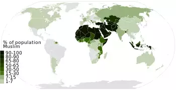 Islam percent population in each nation World Map Muslim data by Pew Research.svg