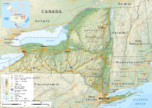 A topographic map of the state of New York, with urban and geographic features marked