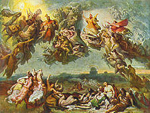 painting of a battle scene with men and horses fighting on the ground and angels fighting in the sky
