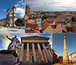 Top left: Eger Minorita church. Top right: View of Eger from the castle. Bottom left: Egri Bazilika. Bottom right: Minaret Eger