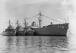 USS Notable (MSO-460), USS Salute (MSO-470), USS Observer (MSO-461) and USS Tutuila (AGR-4) at Charleston in 1964.jpg