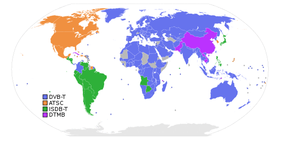 Digital terrestrial television broadcasting systems. Countries using ATSC are shown in orange.