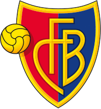 FC Basel crest of a shield, the left half red and the right half blue. The shield is outlined with gold and in the centre in gold letters it reads "FCB". On the left side of the logo is a gold football.