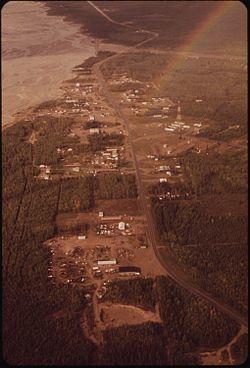 Aerial view showing Delta Junction and neighboring Big Delta, as it appeared in 1973.