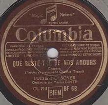 Lucienne Boyer, Que reste-t-il de nos amours, A side, Columbia Records, 1942.jpg