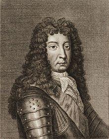 Engraving of a half-length portrait of a clean-shaven man wearing a long curly wig, armour and a sash