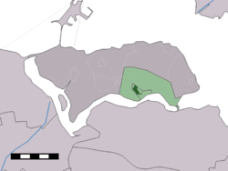The village centre (dark green) and the statistical district (light green) of Kortgene in the municipality of Noord-Beveland.