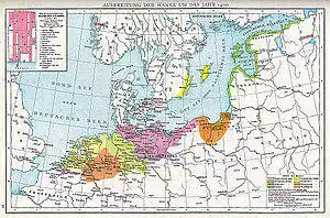 Northern Europe in the 1400s, showing the extent of the Hanseatic League