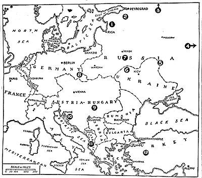 Map of Europe with numbered locations