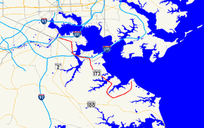 A map of the Baltimore area showing major roads. Maryland Route 173 connects Fort Smallwood Park in Anne Arundel County with the Brooklyn neighborhood of Baltimore.