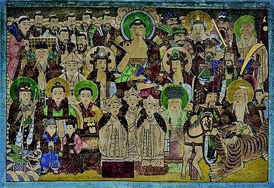 Painting with several Asian deities facing front, in front of dark background.