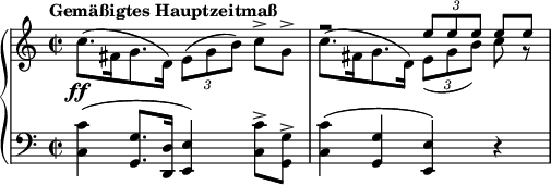  { \new PianoStaff << \new Staff << \new Voice \set Score.tempoHideNote = ##t \tempo "Gemäßigtes Hauptzeitmaß" 2 = 40 \relative e'' { \clef "treble" \key c \major \stemUp \time 2/2 | % 1 s1 \ff | % 2 r2 \once \override TupletBracket #'stencil = ##f \times 2/3 { e8 e8 e8 } e8\noBeam [e8] } \relative c'' { \clef "treble" \key c \major \stemDown \time 2/2 | % 1 c8. ( fis,16 g8. d16 ) \once \override TupletBracket #'stencil = ##f \times 2/3 { e8 ( g8 b8 ) } c8\noBeam [-> g8] -> | % 2 c8. ( fis,16 g8. d16 ) \once \override TupletBracket #'stencil = ##f \times 2/3 { e8 _( g8 b8 ) } c8\noBeam r8 } >> \new Staff \relative c { \set Staff.midiInstrument = #"piano" \key c \major \clef bass \time 2/2 \clef "bass" \key a \major \time 2/2 <c c'>4 ( <g g'>8. <d d'>16 <e e'>4 ) <c' c'>8 -> <g g'>8 -> | % 2 <c c'>4 ( <g g'>4 <e e'>4 ) r4 } >> } 