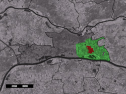 The town centre (red) and the statistical district (light green) of Dodewaard in the municipality of Neder-Betuwe.