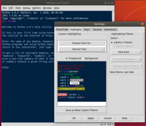 IDLE in action under Ubuntu: shell with highlights settings