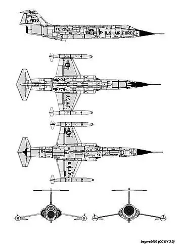 Lockheed F-104 schematics showing right side, top, bottom, front, and rear views