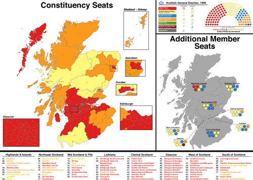 A map showing the constituency winners of the Election by their party colours.